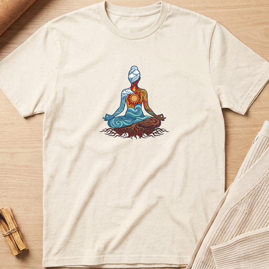 An off-white short-sleeve t-shirt with a colorful graphic of a meditating figure made from water waves and tree roots, laid flat on a light wood background. Minimalist yoga apparel by pemuyo.