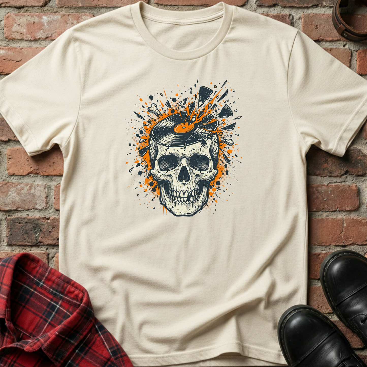 Beige t-shirt with a skull design on a brick wall background. Minimalist music apparel by pemuyo.