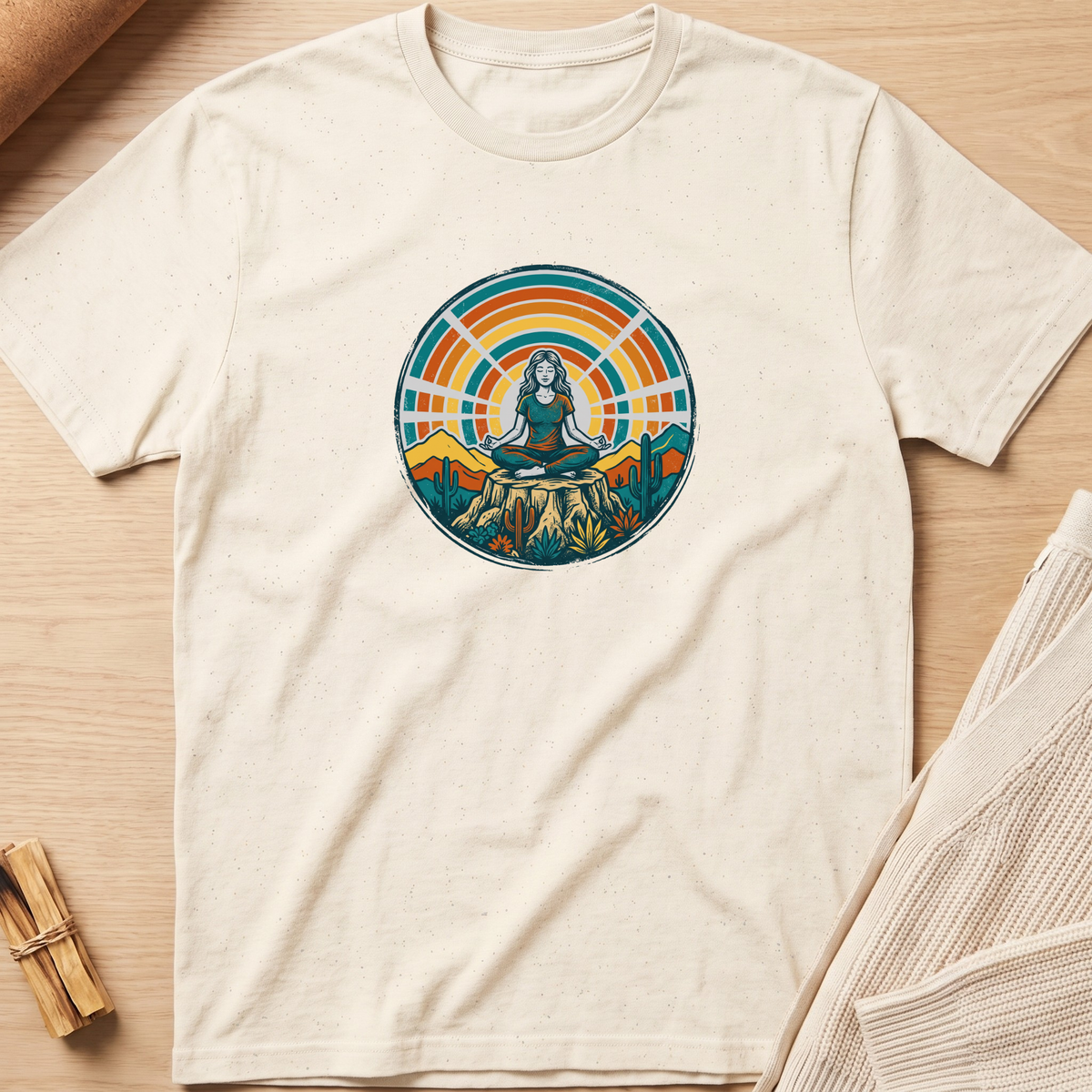 An off-white short-sleeve t-shirt with a colorful circular graphic of a meditating figure on a mountain peak, laid flat on a light wood background. Minimalist yoga apparel by pemuyo.