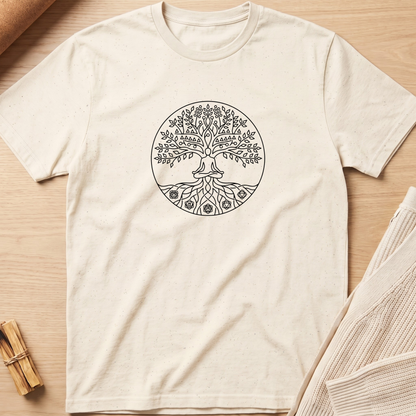 An off-white crewneck t-shirt with a black circular tree of life graphic printed on the chest, laid flat on a light wood background with neutral props. Minimalist yoga apparel by pemuyo.