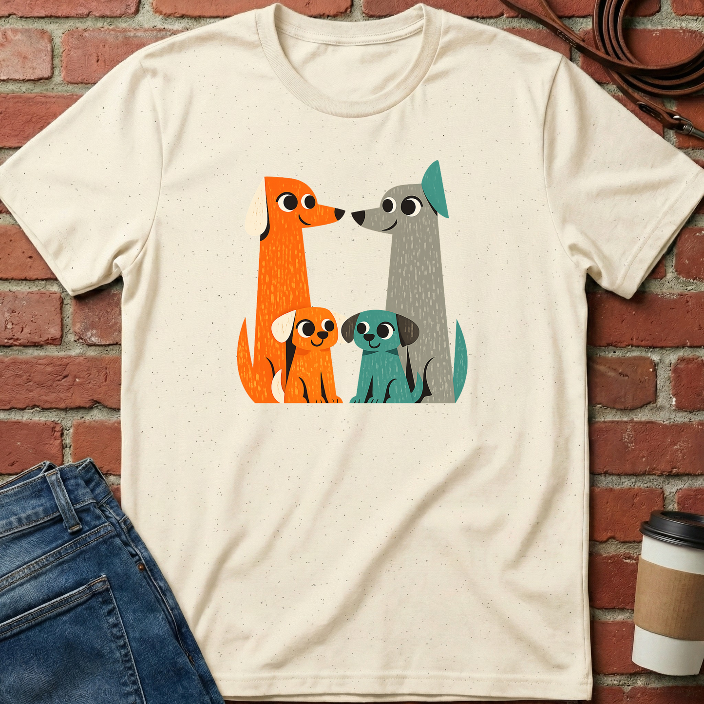 Beige t-shirt with cartoon dogs design against a brick wall. Minimalist dog apparel by pemuyo.