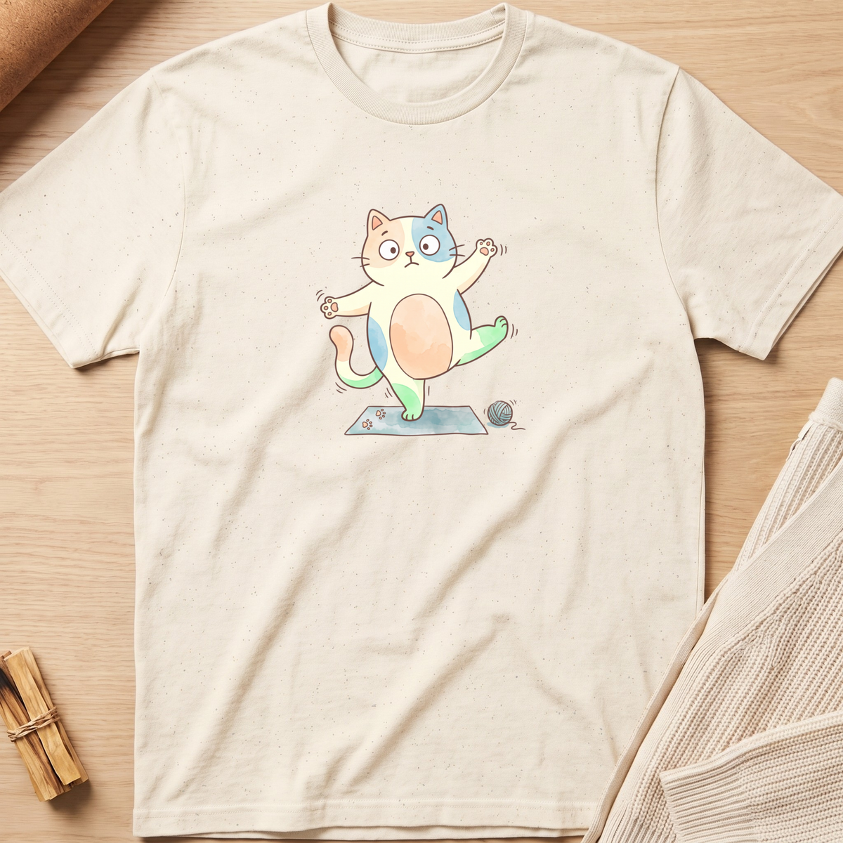 An off-white short-sleeve t-shirt with a colorful cartoon cat graphic, laid flat on a light wood background with a knit fabric prop in the corner. Minimalist yoga apparel by pemuyo.