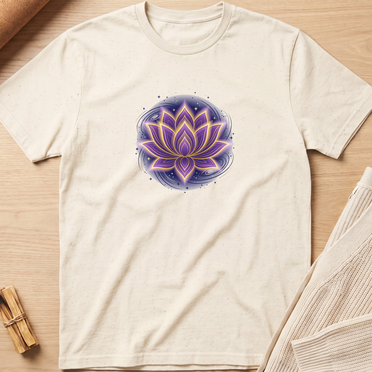 An off-white short-sleeve t-shirt laid flat on a light wood surface, featuring a central graphic of a purple and yellow glowing lotus flower inside a circular blue and purple design. Minimalist yoga apparel by pemuyo.