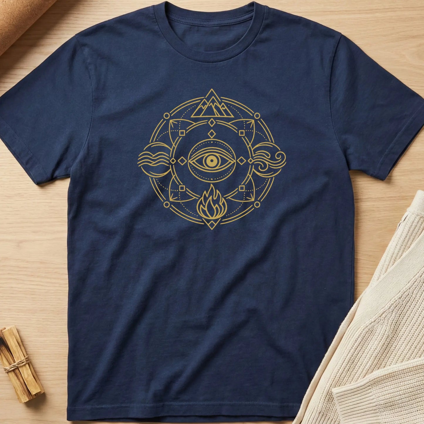 Navy blue t-shirt with gold geometric design on a wooden surface. Minimalist yoga apparel by pemuyo.