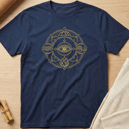 Navy blue t-shirt with gold geometric design on a wooden surface. Minimalist yoga apparel by pemuyo.