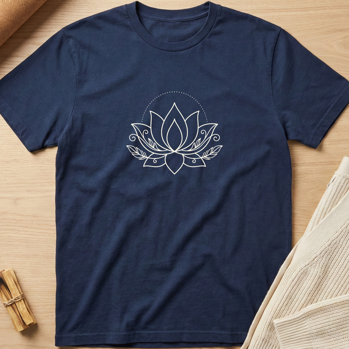 A navy blue short-sleeve t-shirt with a white line-art lotus flower graphic on the chest, laid flat on a light wood background with neutral props. Minimalist yoga apparel by pemuyo.