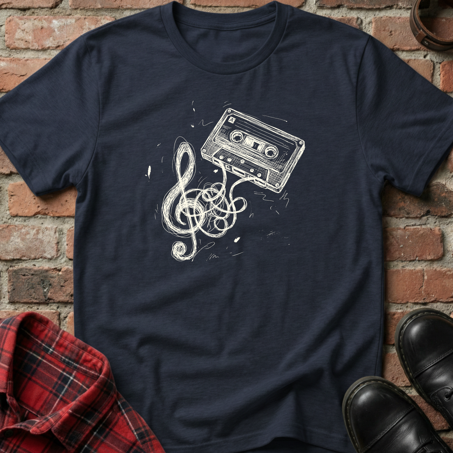Navy blue t-shirt with a cassette tape and music note design against a brick wall. Minimalist music apparel by pemuyo.