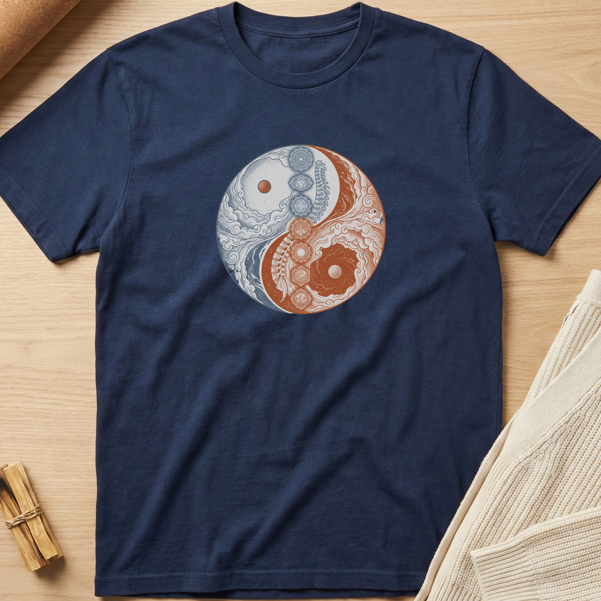 A navy blue short-sleeve t-shirt laid flat on a light wood surface, featuring a circular yin-yang style graphic in the center with ornate white, blue, and rust-orange floral and geometric patterns. Minimalist yoga apparel by pemuyo.
