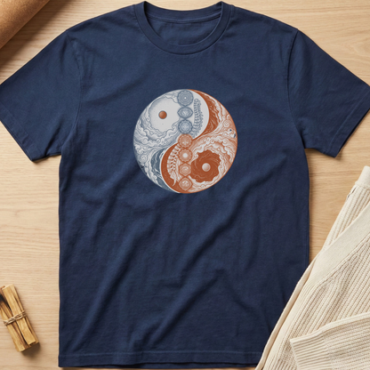 A navy blue short-sleeve t-shirt laid flat on a light wood surface, featuring a circular yin-yang style graphic in the center with ornate white, blue, and rust-orange floral and geometric patterns. Minimalist yoga apparel by pemuyo.