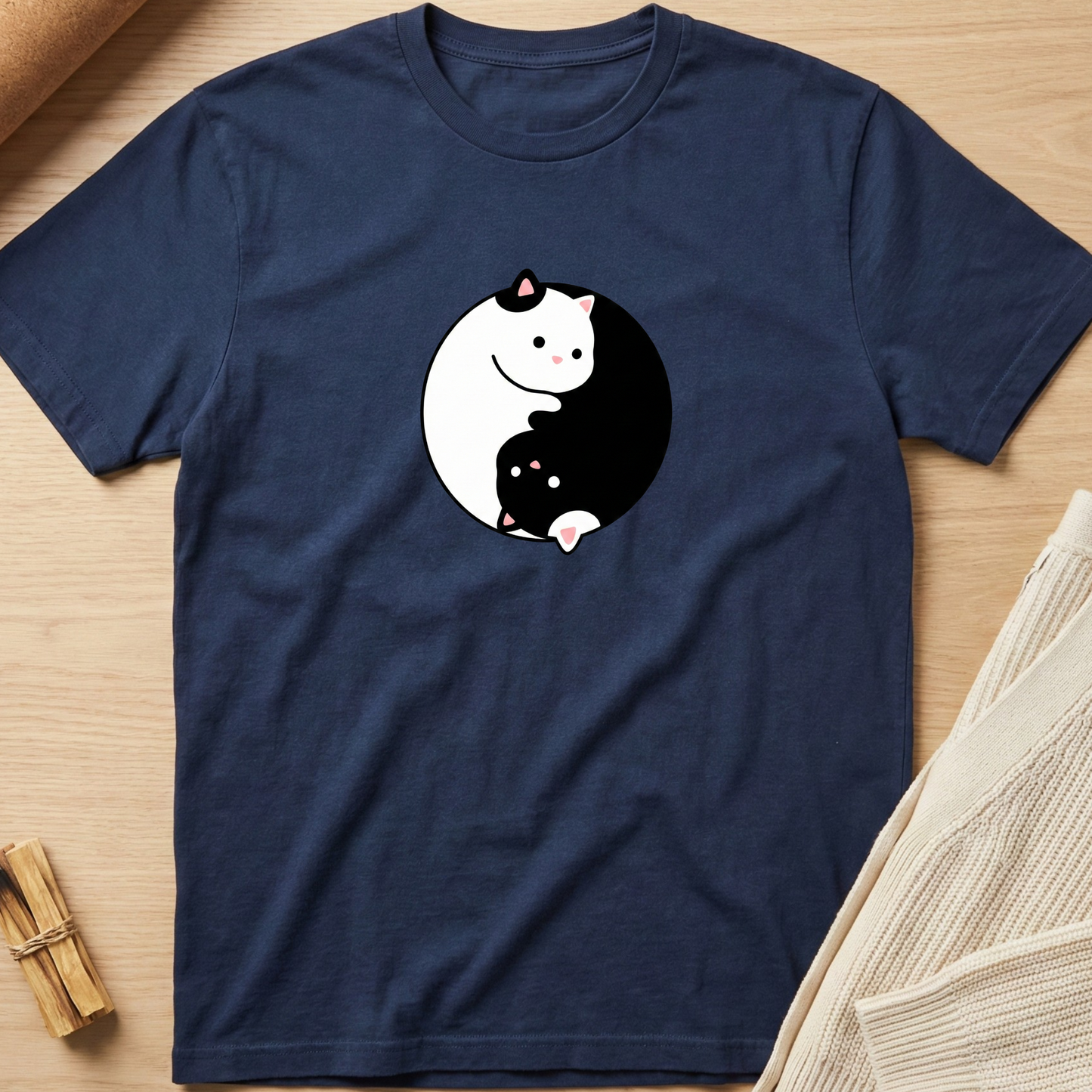Navy blue t-shirt with a yin yang design featuring a white and black cat on a wooden surface. Minimalist yoga apparel by pemuyo.