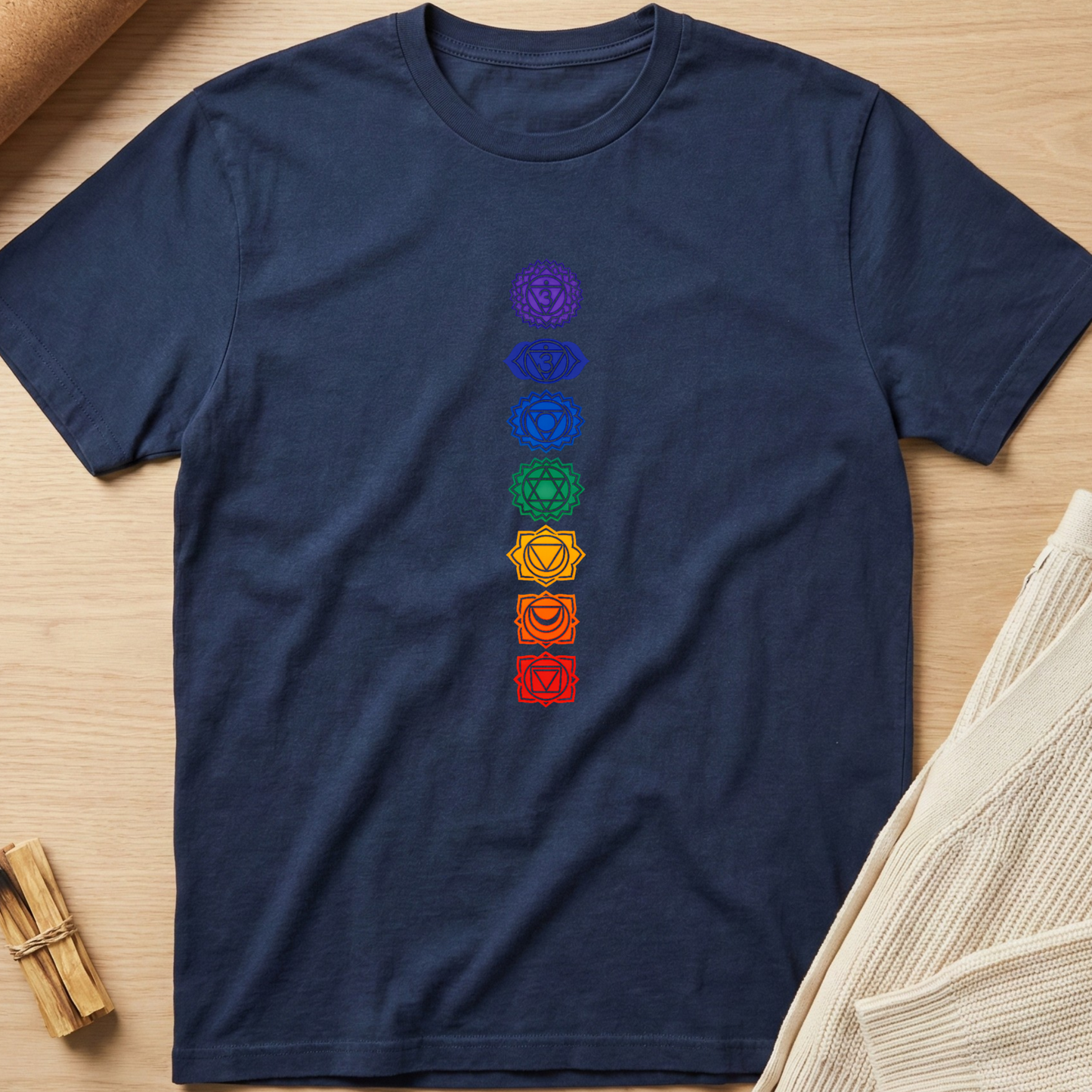 Navy blue t-shirt with colorful chakra symbols on a wooden surface. Minimalist yoga apparel by pemuyo.