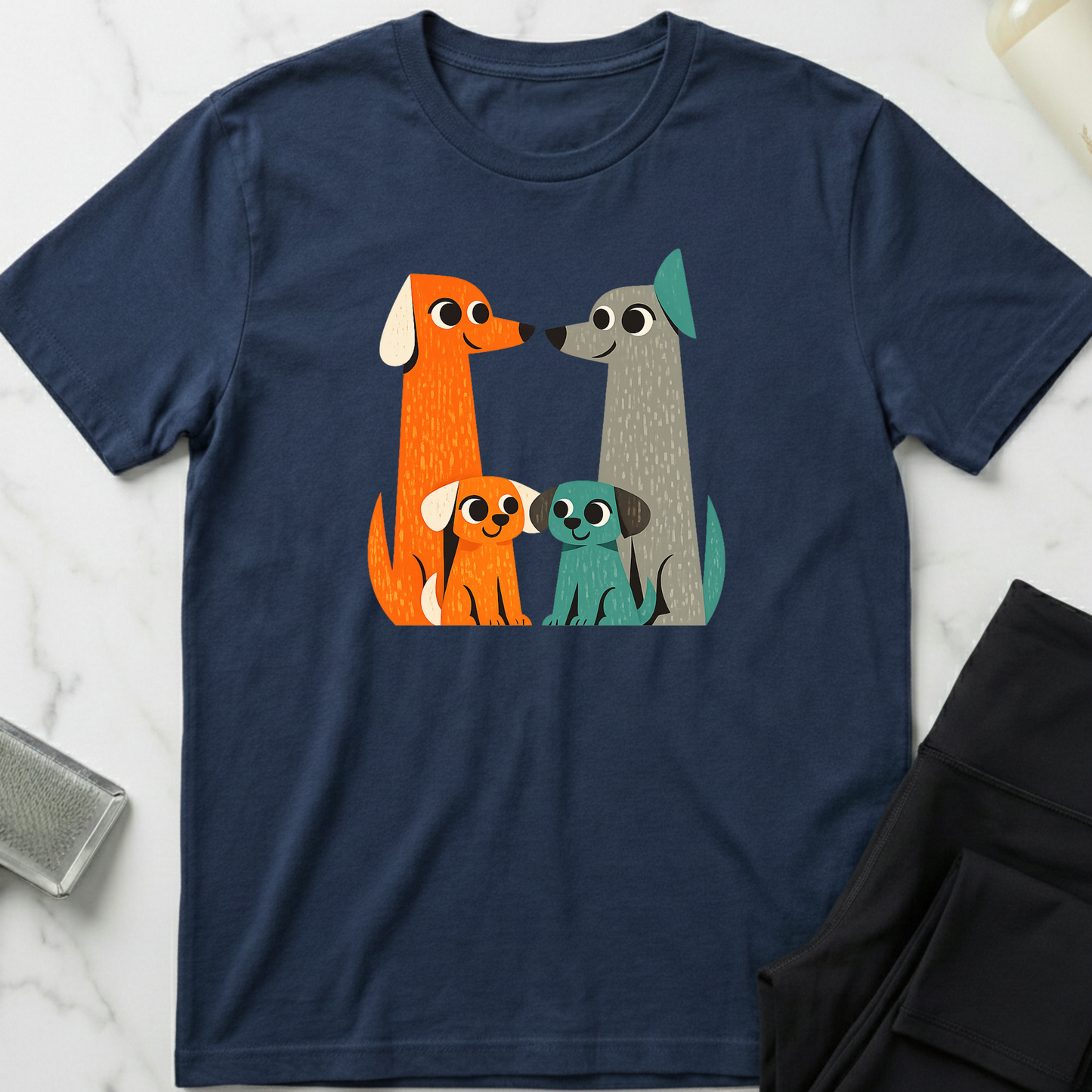 Navy blue t-shirt with a graphic of four dogs on a white marble surface. Minimalist dog apparel by pemuyo.