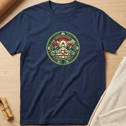 A navy blue short-sleeve t-shirt with a circular meditative graphic printed on the chest, laid flat on a light wood background with neutral props. Minimalist yoga apparel by pemuyo.