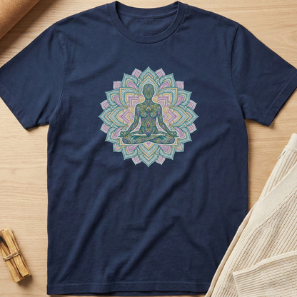 Navy blue t-shirt with a colorful mandala design featuring a meditating figure on a wooden surface. Minimalist yoga apparel by pemuyo.