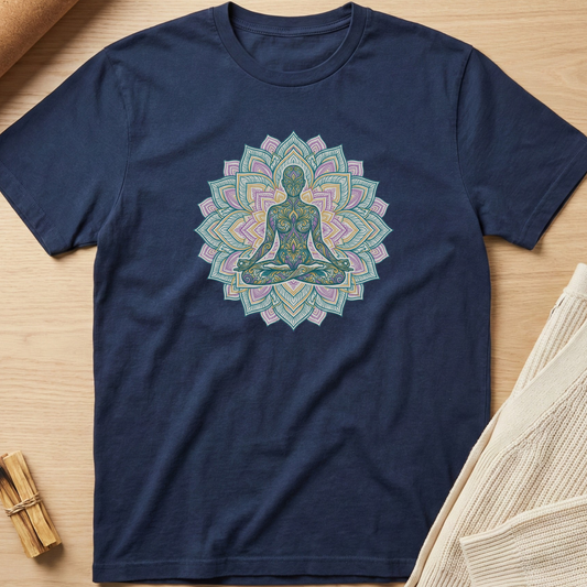 Navy blue t-shirt with a colorful mandala design featuring a meditating figure on a wooden surface. Minimalist yoga apparel by pemuyo.