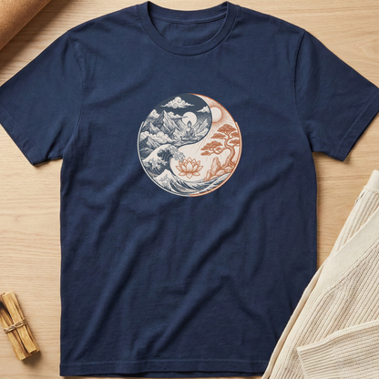 A navy blue short-sleeve t-shirt laid flat on a light wood surface, featuring a circular yin-yang style graphic on the chest with a blue-and-white mountain-and-wave scene on one side and a peach-orange lotus tree scene on the other. Minimalist yoga apparel by pemuyo.