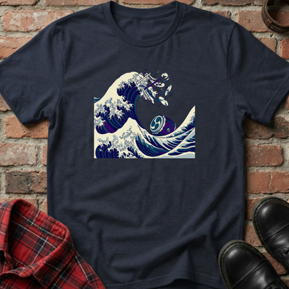 Navy blue t-shirt with wave design on a brick wall background. Minimalist music apparel by pemuyo.