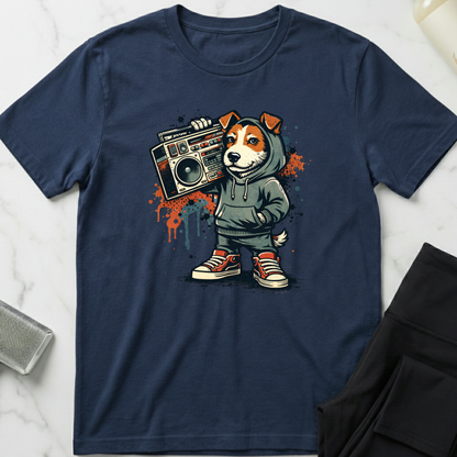 Navy blue t-shirt with a graphic of a dog in a hoodie holding a boombox on a marble surface. Minimalist dog apparel by pemuyo.