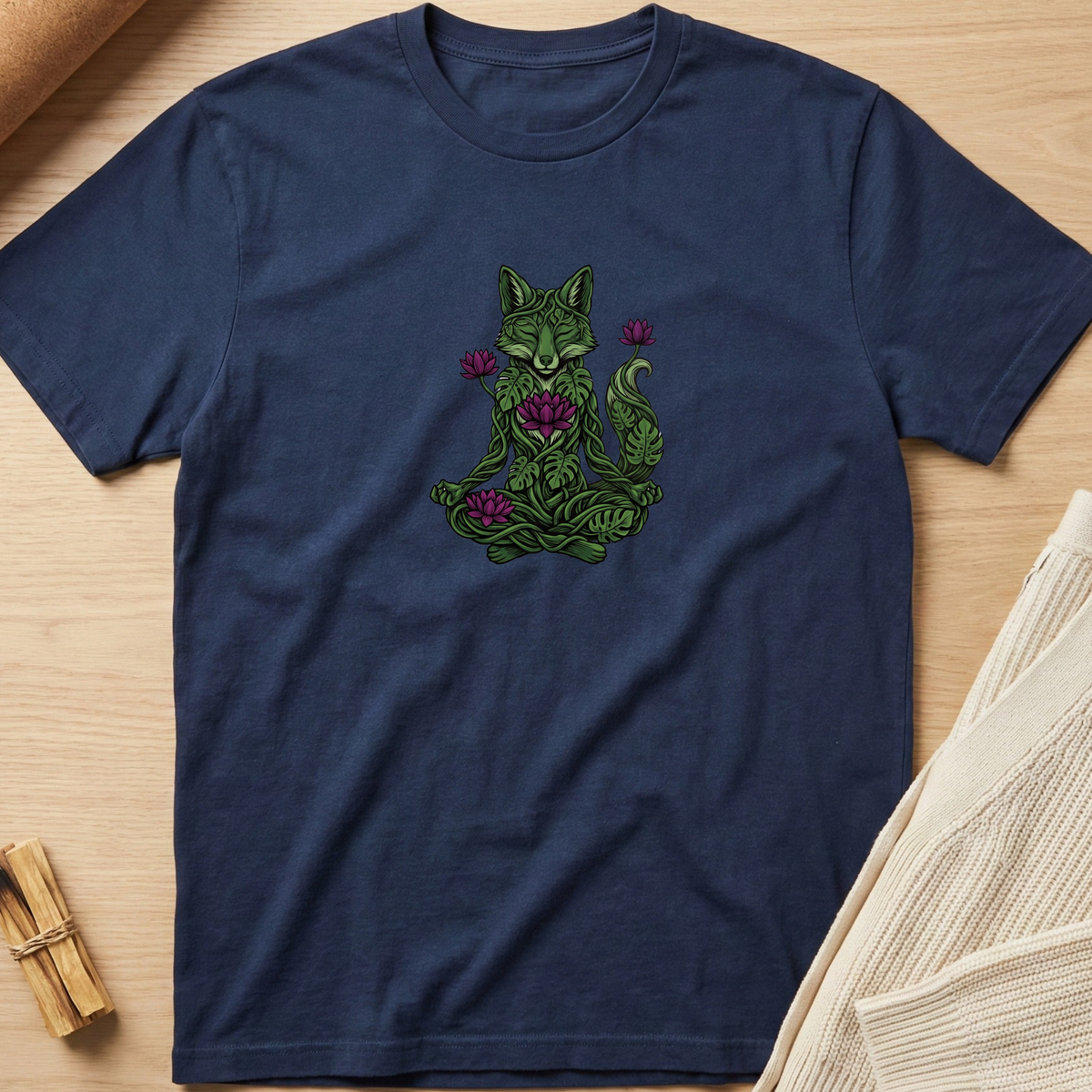 A navy blue short-sleeve t-shirt laid flat on a light wood surface, featuring a central graphic of a green cat meditating amidst purple lotus flowers. Styled flat-lay props include a rolled brown paper corner, a small bundle of wooden sticks, and a folded cream knit fabric on the right. Minimalist yoga apparel by pemuyo.