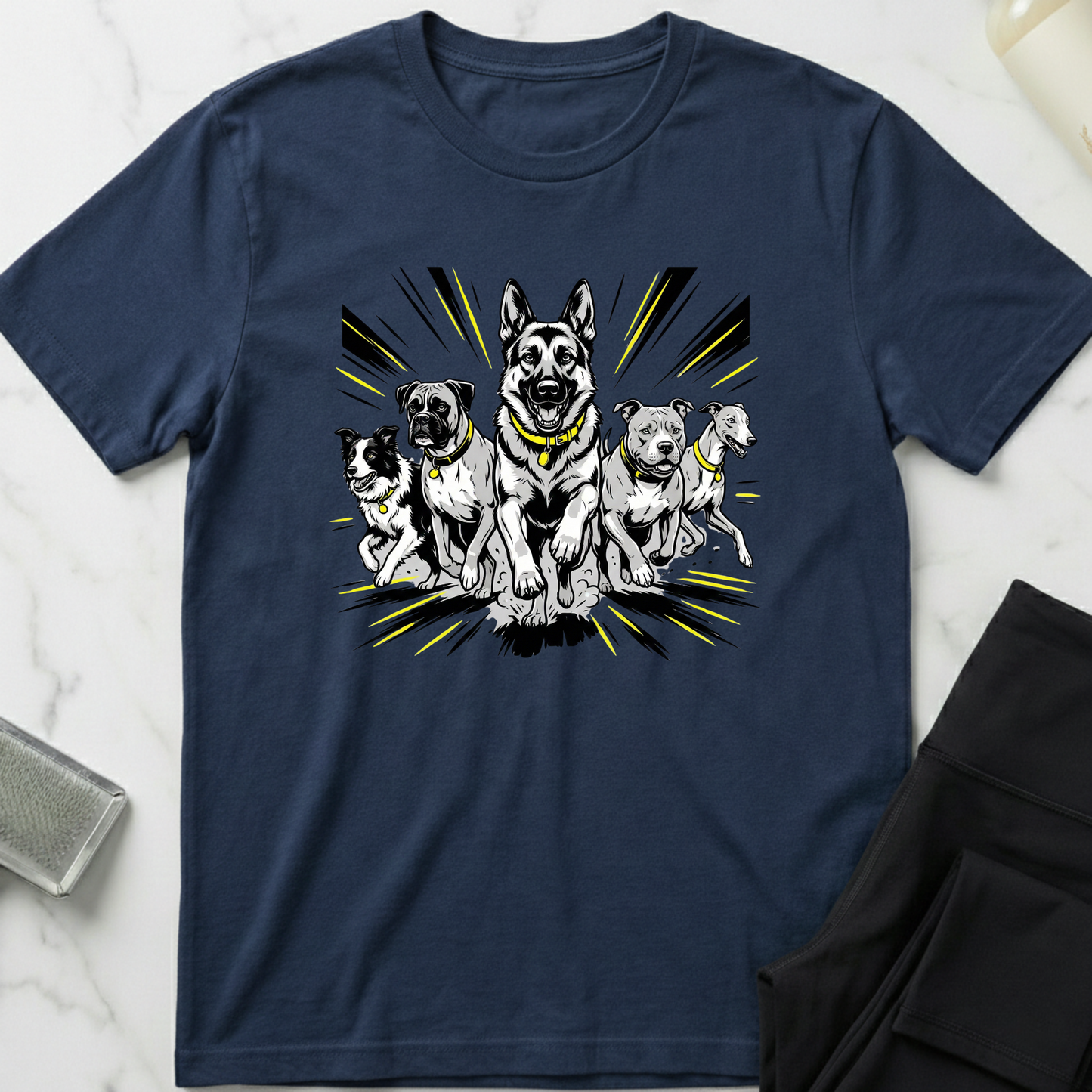 Navy blue t-shirt with a graphic of five dogs on a white marble surface. Minimalist dog apparel by pemuyo.