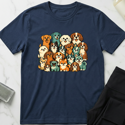 Navy blue t-shirt with colorful dog illustrations on a marble surface. Minimalist dog apparel by pemuyo.