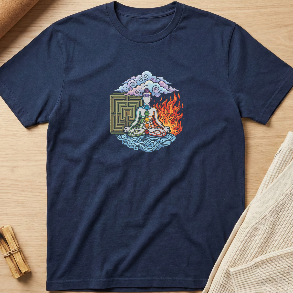 A navy blue short-sleeve t-shirt with a colorful graphic of a meditating figure, clouds, a maze, and flames, laid flat on a light wood background with styled props. Minimalist yoga apparel by pemuyo.