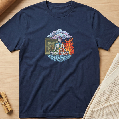 A navy blue short-sleeve t-shirt with a colorful graphic of a meditating figure, clouds, a maze, and flames, laid flat on a light wood background with styled props. Minimalist yoga apparel by pemuyo.