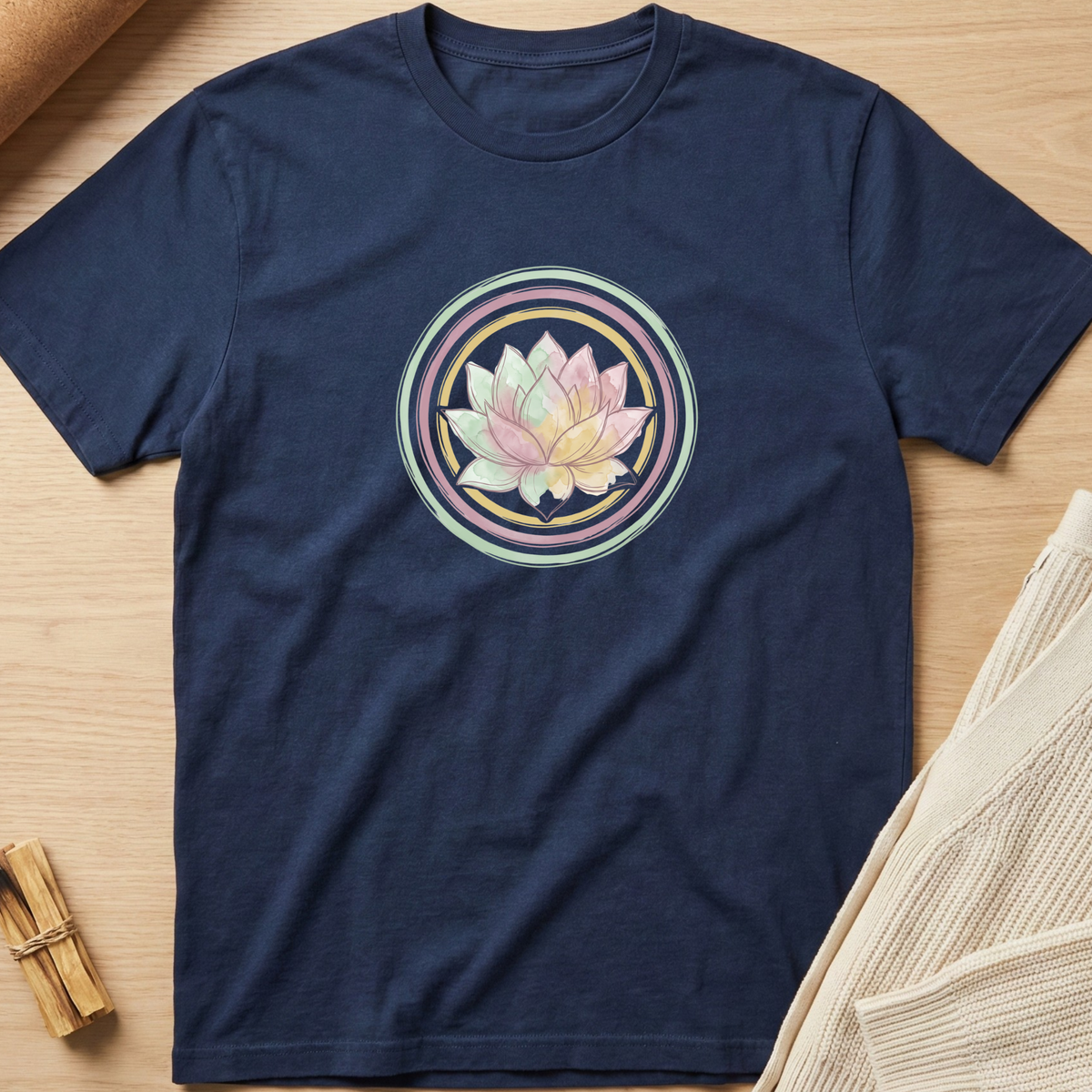A navy blue short-sleeve t-shirt with a circular pastel lotus flower graphic on the chest, laid flat on a light wood background with neutral props. Minimalist yoga apparel by pemuyo.
