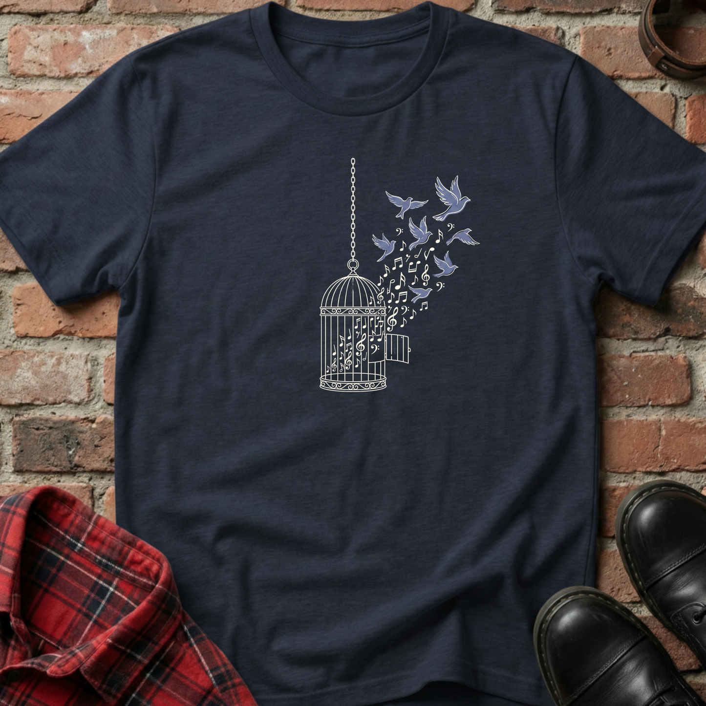 Navy blue t-shirt with a birdcage and flying birds design on a brick background. Minimalist music apparel by pemuyo.