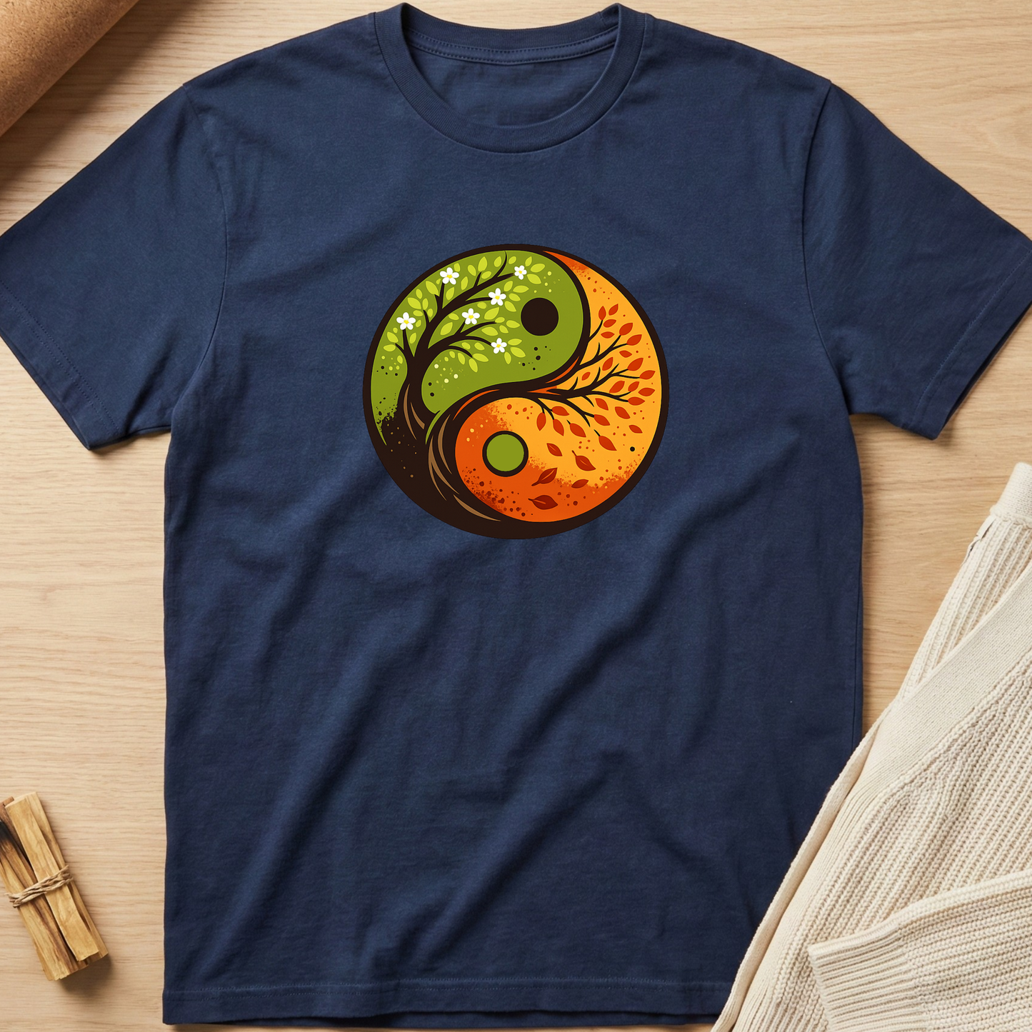 Navy blue t-shirt with a yin yang design featuring nature elements on a wooden surface. Minimalist yoga apparel by pemuyo.