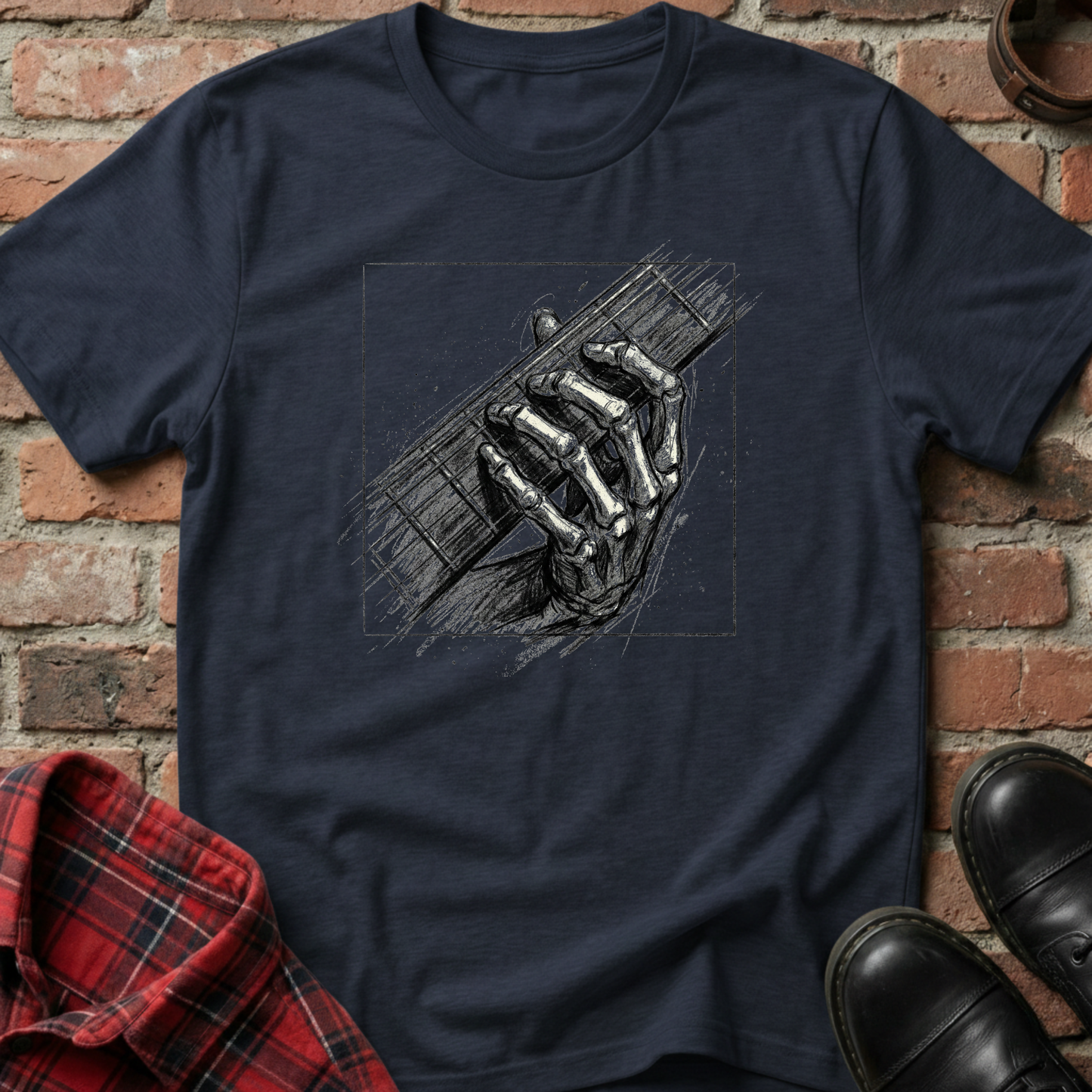 Navy blue t-shirt with a graphic of a hand playing a guitar against a brick wall. Minimalist music apparel by pemuyo.