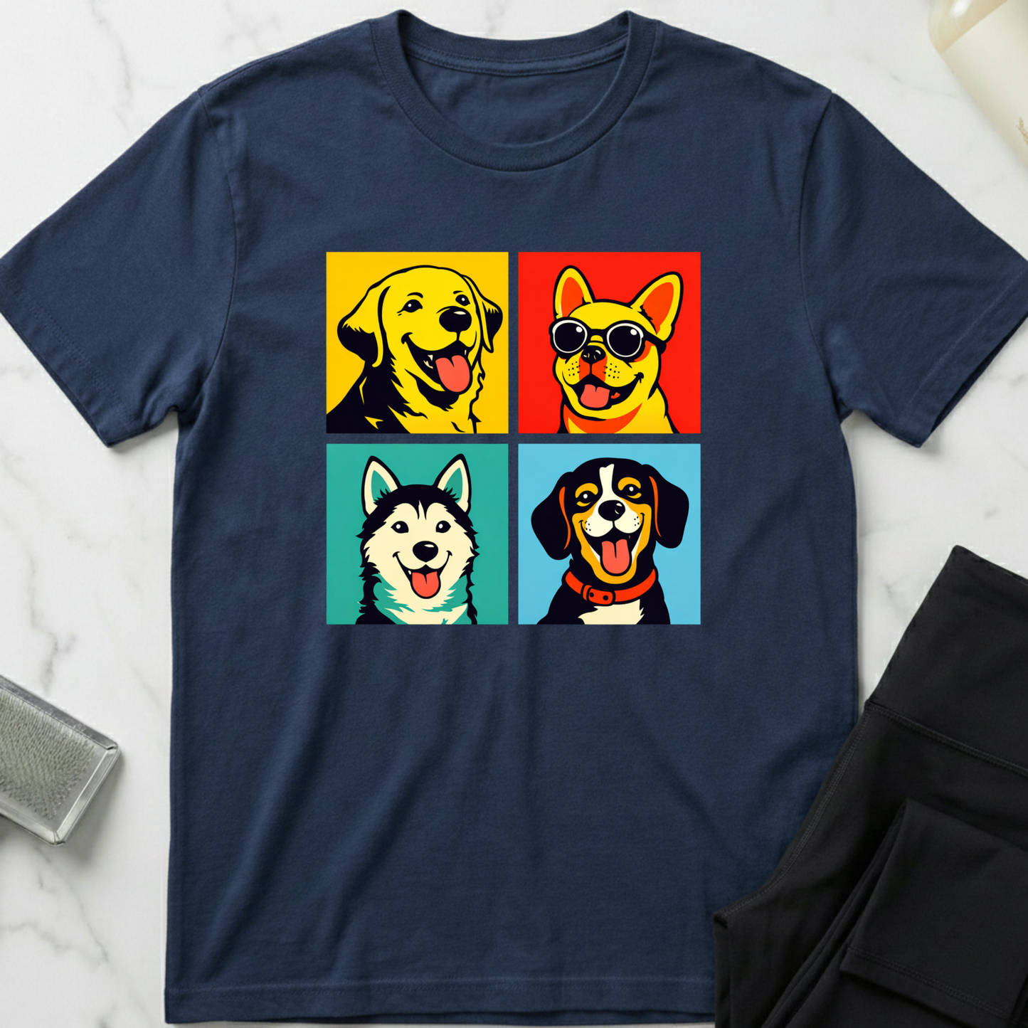 Navy blue t-shirt with colorful dog illustrations on a marble surface. Minimalist dog apparel by pemuyo.