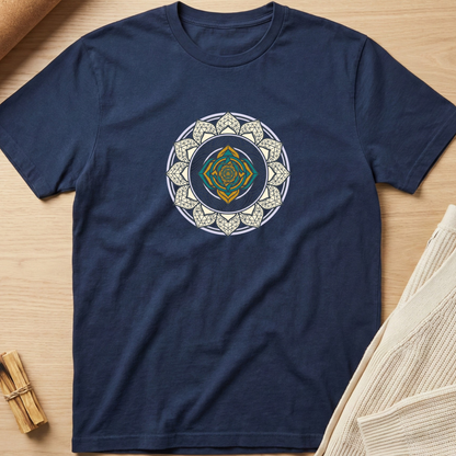 A navy blue short-sleeve t-shirt with a circular mandala-style graphic on the chest, laid flat on a light wood surface with neutral props. Minimalist yoga apparel by pemuyo.