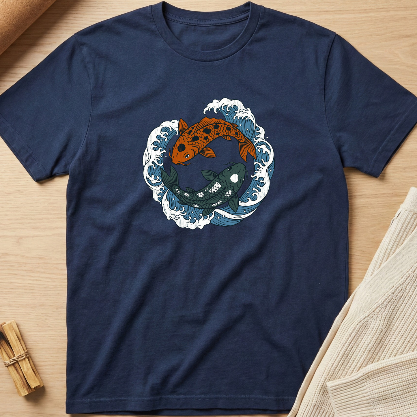 Navy blue t-shirt with fish design on a wooden surface. Minimalist yoga apparel by pemuyo.