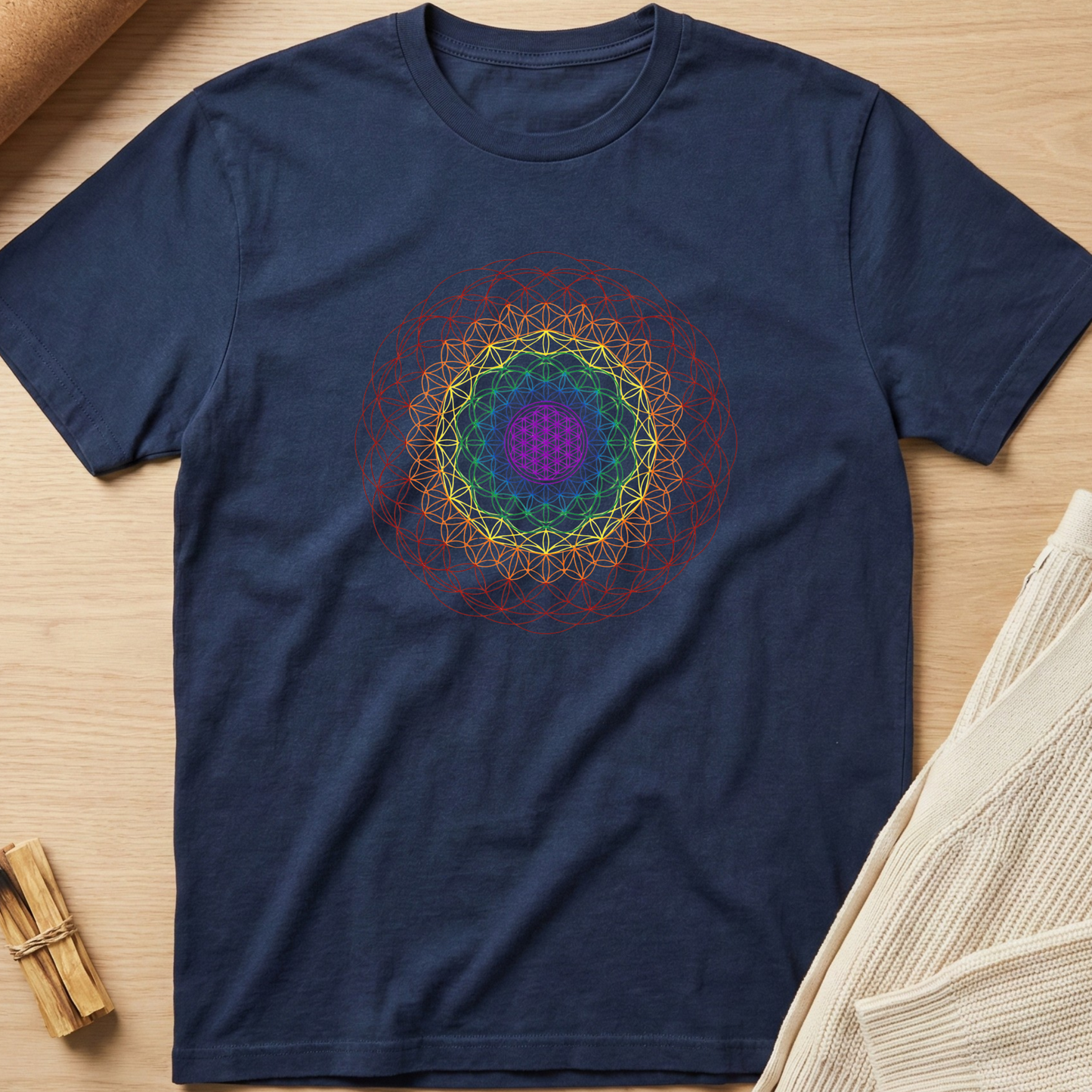Navy blue t-shirt with a colorful geometric design on a wooden surface. Minimalist yoga apparel by pemuyo.