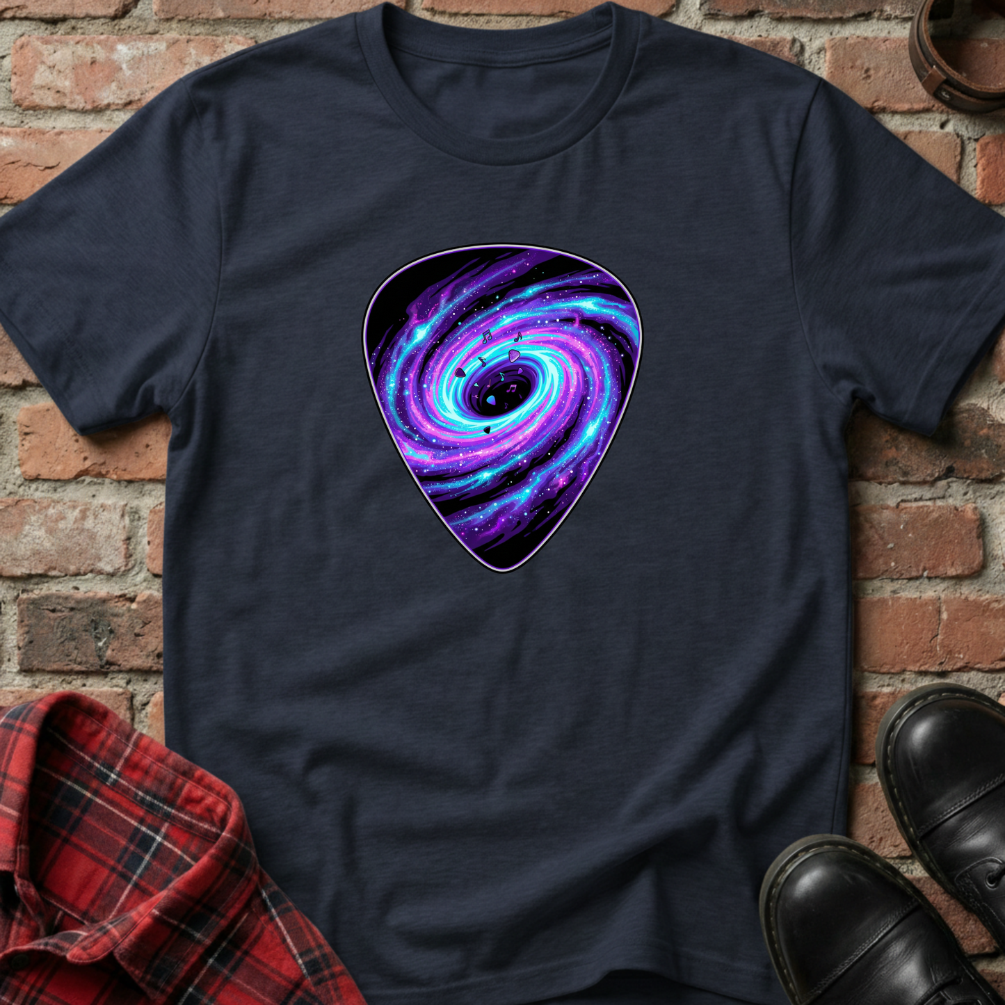 Black t-shirt with a purple and blue galaxy design on a brick surface. Minimalist music apparel by pemuyo.