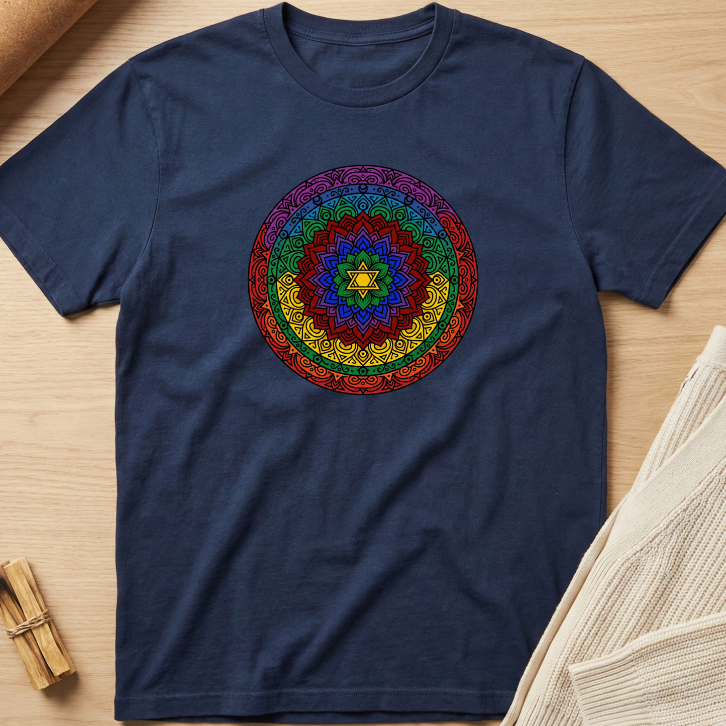 Navy blue t-shirt with a colorful mandala design on a wooden surface. Minimalist yoga apparel by pemuyo.