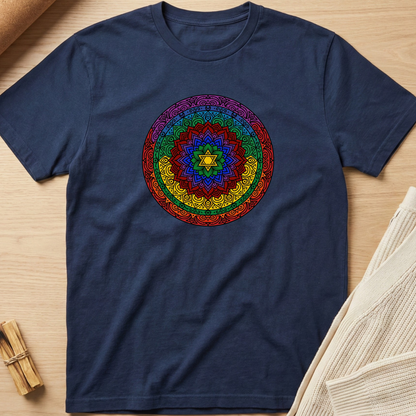 Navy blue t-shirt with a colorful mandala design on a wooden surface. Minimalist yoga apparel by pemuyo.