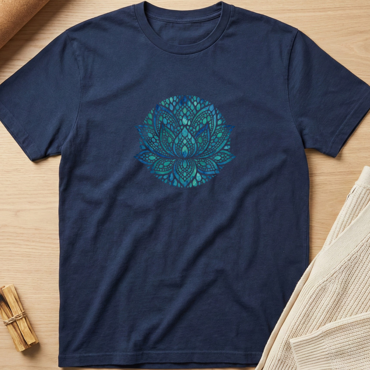 A navy blue short-sleeve t-shirt with a teal and blue mandala lotus design printed on the chest, laid flat on a light wood background with styled props. Minimalist yoga apparel by pemuyo.
