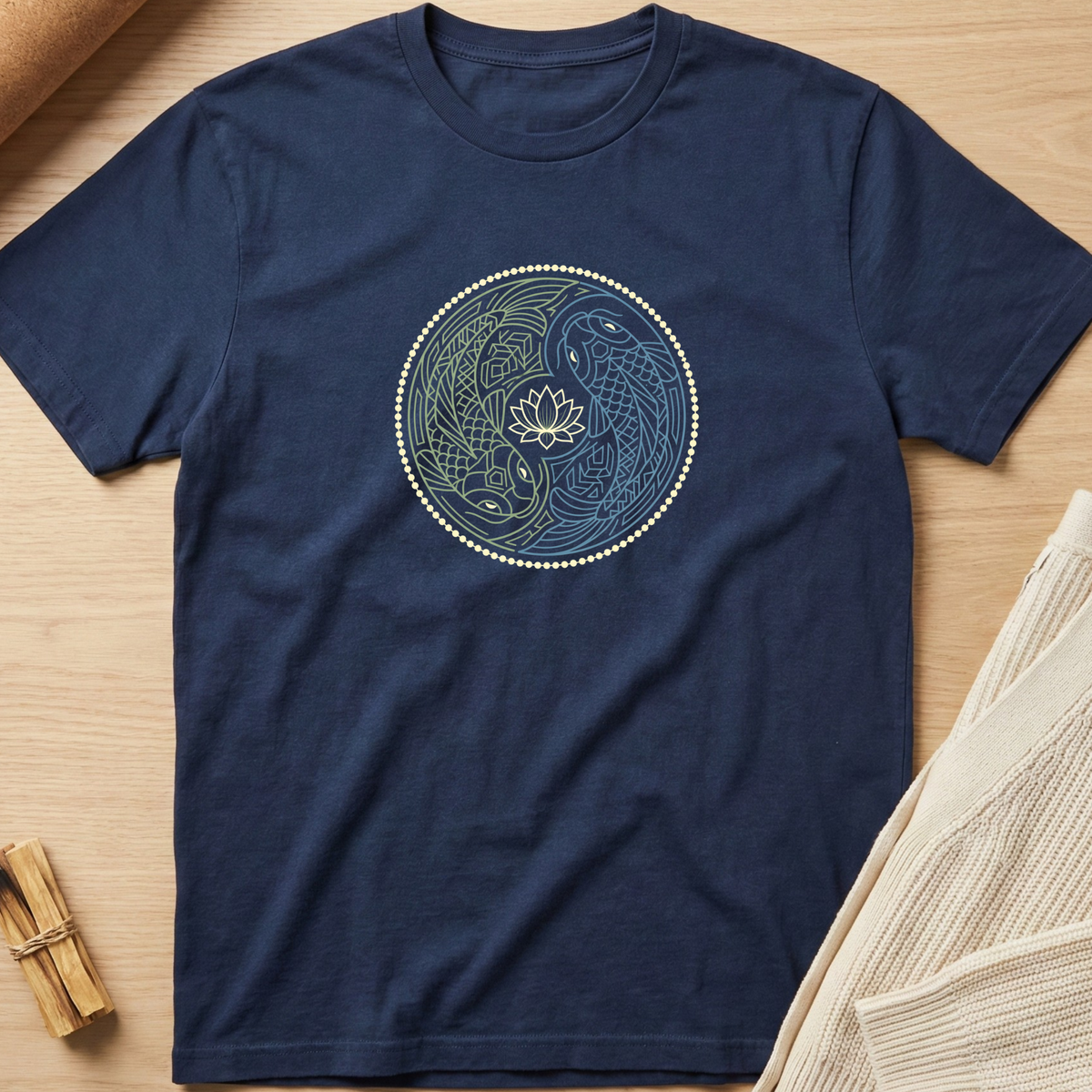 A navy blue short-sleeve t-shirt with a circular yin-yang style graphic featuring a lotus flower and two fish in light blue and cream, laid flat on a light wood background with neutral props. Minimalist yoga apparel by pemuyo.