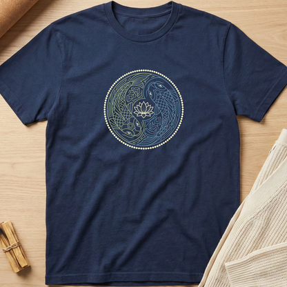 A navy blue short-sleeve t-shirt with a circular yin-yang style graphic featuring a lotus flower and two fish in light blue and cream, laid flat on a light wood background with neutral props. Minimalist yoga apparel by pemuyo.
