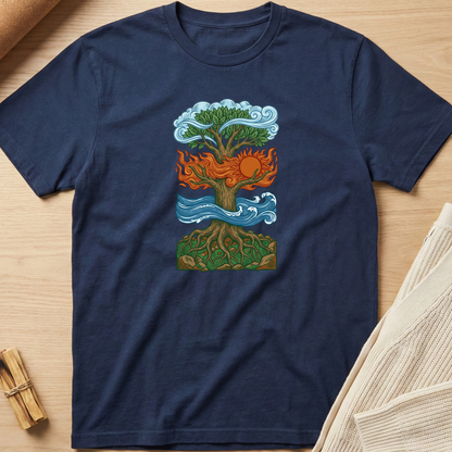 Navy blue t-shirt with a colorful tree design on a wooden surface. Minimalist yoga apparel by pemuyo.