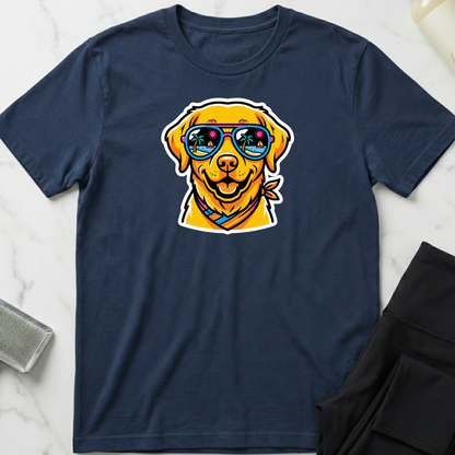 Navy blue t-shirt with a dog graphic wearing sunglasses on a marble surface. Minimalist dog apparel by pemuyo.