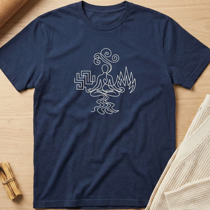 Navy blue t-shirt with white abstract design on a wooden surface. Minimalist yoga apparel by pemuyo.