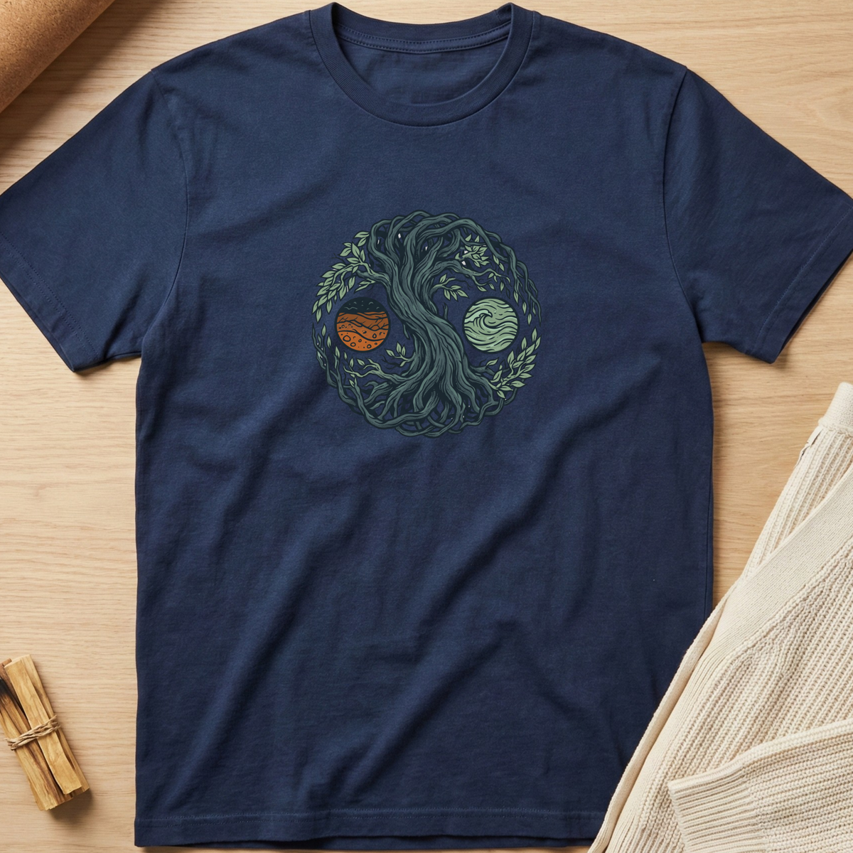 A navy blue short-sleeve t-shirt laid flat on a light wood surface, featuring a central graphic of a tree trunk forming a yin-yang symbol with two planets inside. Minimalist yoga apparel by pemuyo.
