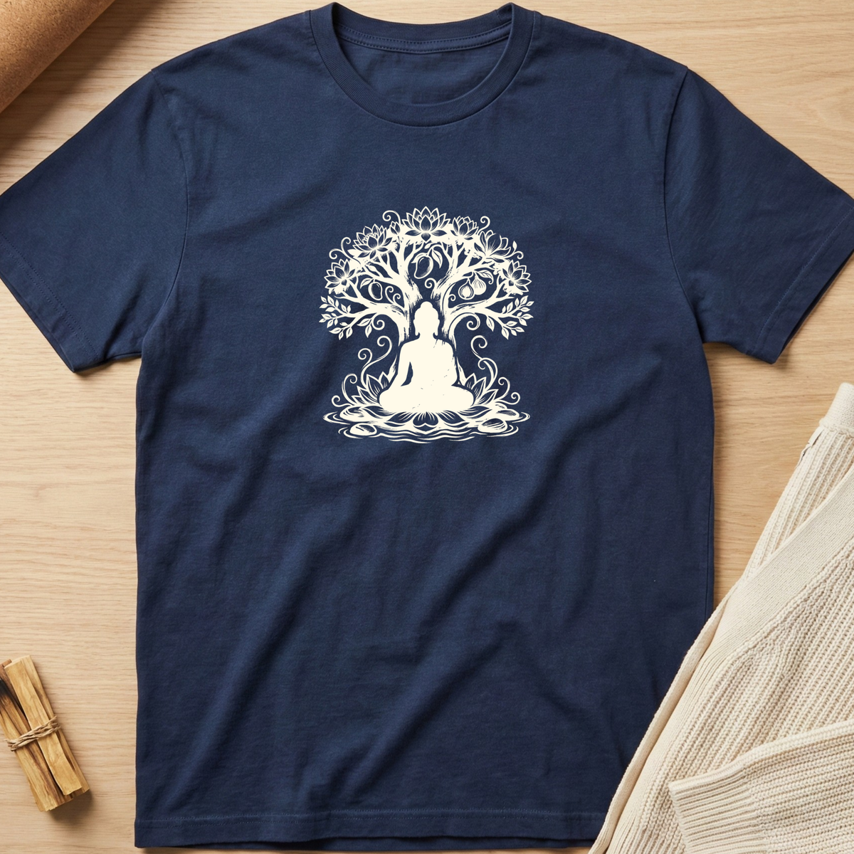 A navy blue short-sleeve t-shirt with a white graphic of a meditating figure inside a tree, laid flat on a light wood background with neutral props. Minimalist yoga apparel by pemuyo.