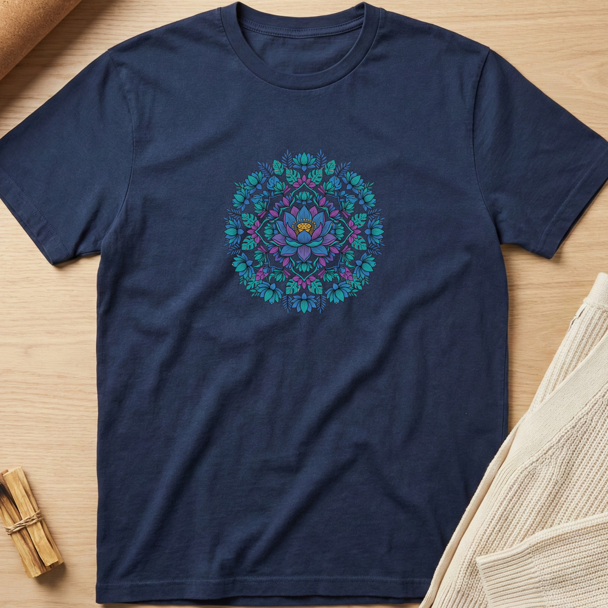 A navy blue crewneck t-shirt with a colorful mandala graphic on the chest, laid flat on a light wood background with neutral props. Minimalist yoga apparel by pemuyo.
