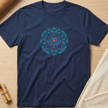 A navy blue crewneck t-shirt with a colorful mandala graphic on the chest, laid flat on a light wood background with neutral props. Minimalist yoga apparel by pemuyo.