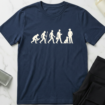 Navy blue t-shirt with white graphic design on a marble surface. Minimalist dog apparel by pemuyo.