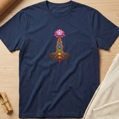 A navy blue short-sleeve t-shirt with a colorful chakra tree graphic on the chest, laid flat on a light wood background with neutral props. Minimalist yoga apparel by pemuyo.